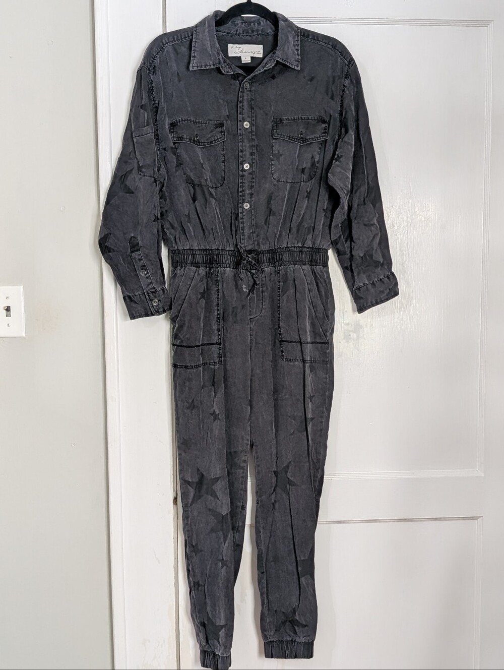 Vintage Havana Women's S Charcoal Acid Wash Star Print Utility Jumpsuit Jogger